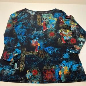 Investments 3/4 Sleeve Knit Top Size XL Multicolor Oriental Print